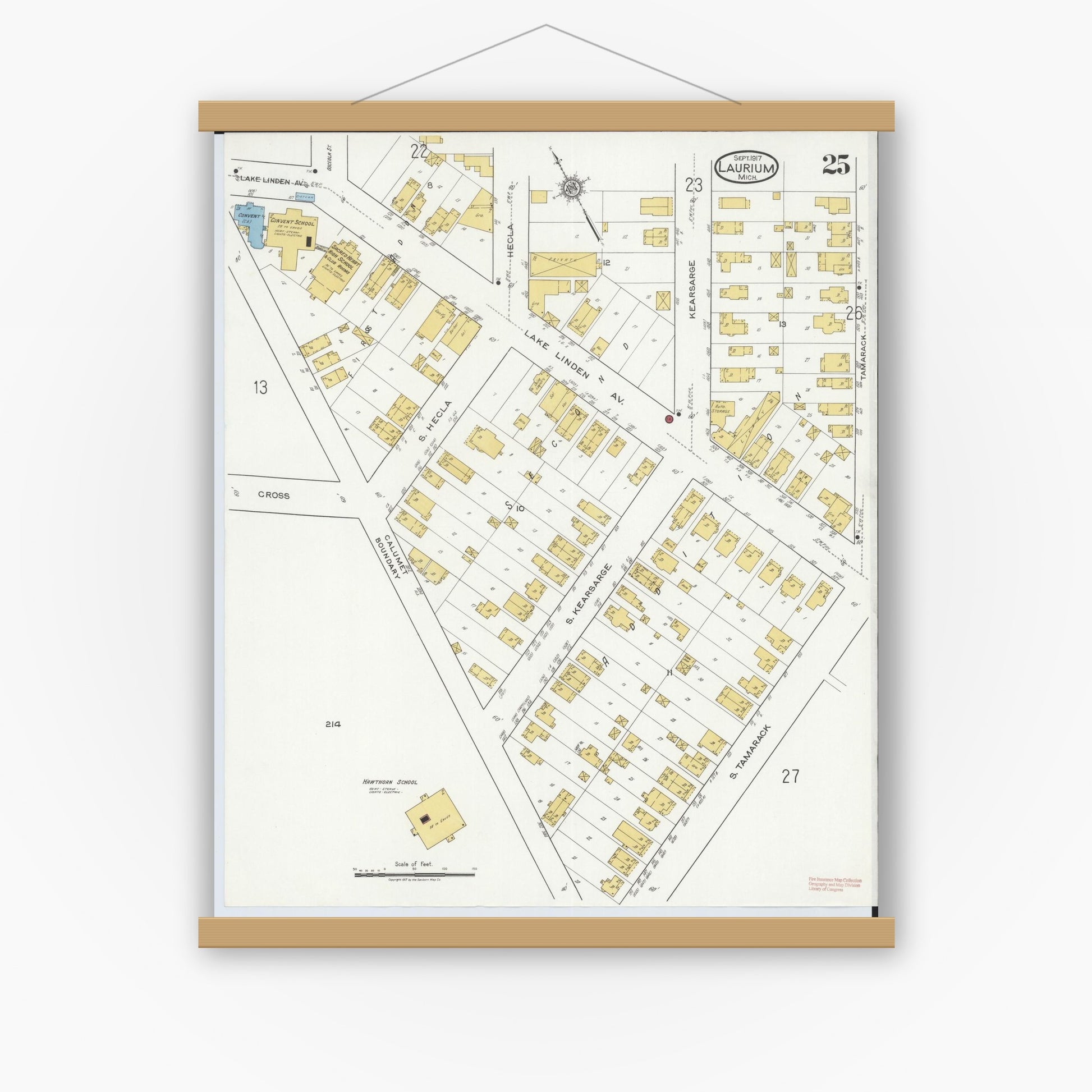 Old map wall art mockup — magnetic wood frame on white wall — Sanborn Fire Insurance Map from Laurium, Houghton County, Michigan (1917), Sheet #0025