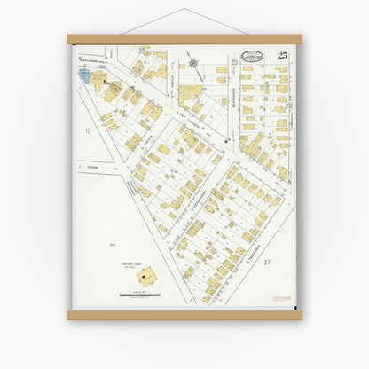 Old map wall art mockup — magnetic wood frame on white wall — Sanborn Fire Insurance Map from Laurium, Houghton County, Michigan (1917), Sheet #0025