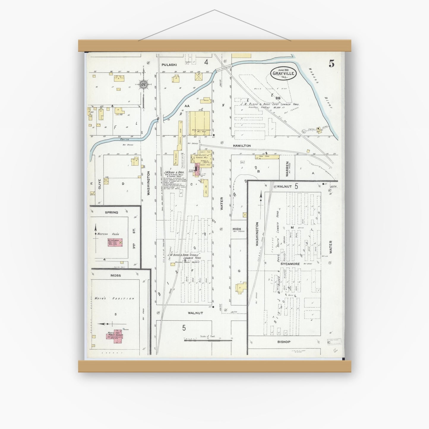 Old map wall art mockup — magnetic wood frame on white wall — Sanborn Fire Insurance Map from Grayville, White And Edwards Counties, Illinois (1910), Sheet #0005