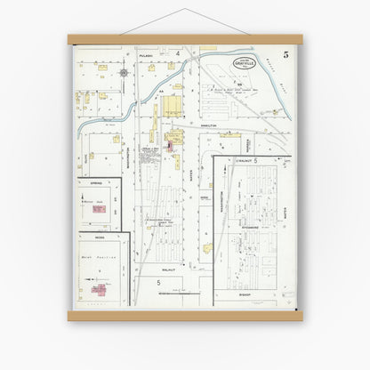 Old map wall art mockup — magnetic wood frame on white wall — Sanborn Fire Insurance Map from Grayville, White And Edwards Counties, Illinois (1910), Sheet #0005