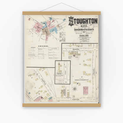Old map wall art mockup — magnetic wood frame on white wall — Sanborn Fire Insurance Map from Stoughton, Norfolk County, Massachusetts (1885) - Complete Map Set