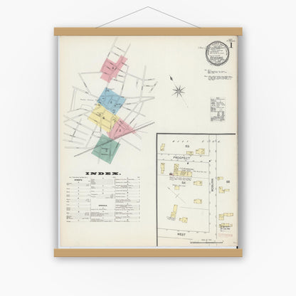 Old map wall art mockup — magnetic wood frame on white wall — Sanborn Fire Insurance Map from Reading, Middlesex County, Massachusetts (1892), Sheet #0001