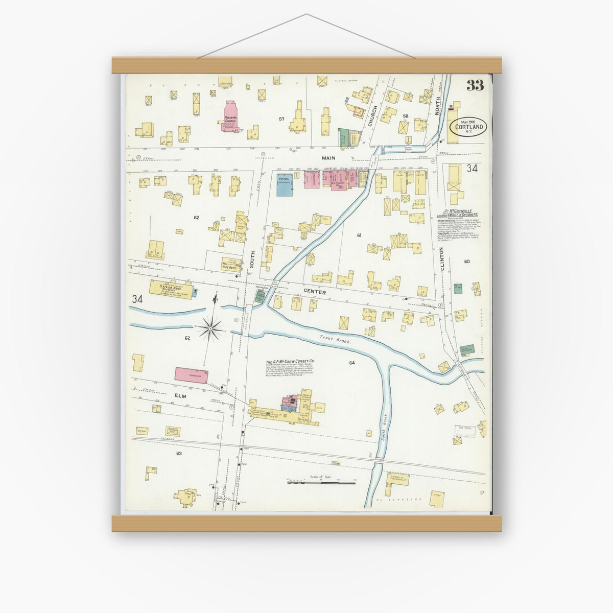 Old map wall art mockup — magnetic wood frame on white wall — Sanborn Fire Insurance Map from Cortland, Cortland County, New York (1908), Sheet #0033