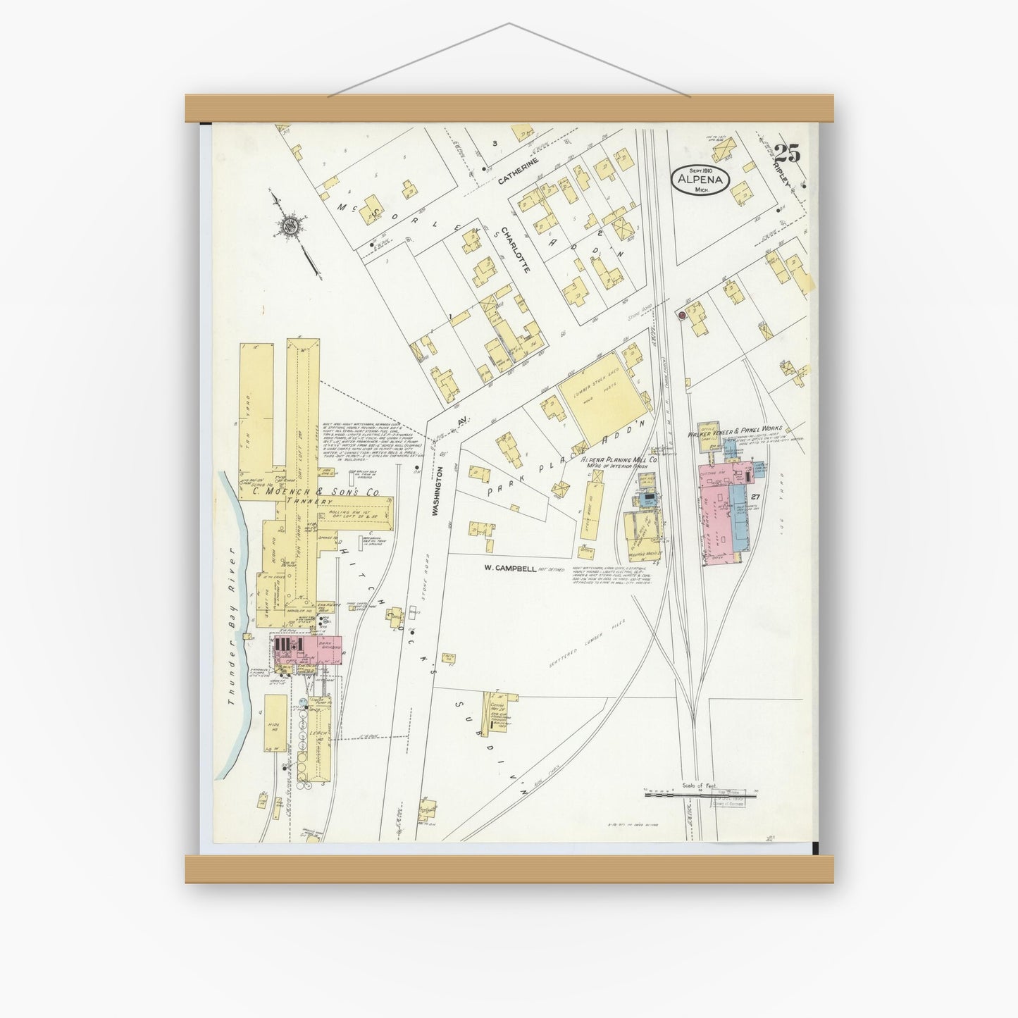 Old map wall art mockup — magnetic wood frame on white wall — Sanborn Fire Insurance Map from Alpena, Alpena County, Michigan (1910), Sheet #0025