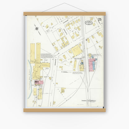 Old map wall art mockup — magnetic wood frame on white wall — Sanborn Fire Insurance Map from Alpena, Alpena County, Michigan (1910), Sheet #0025