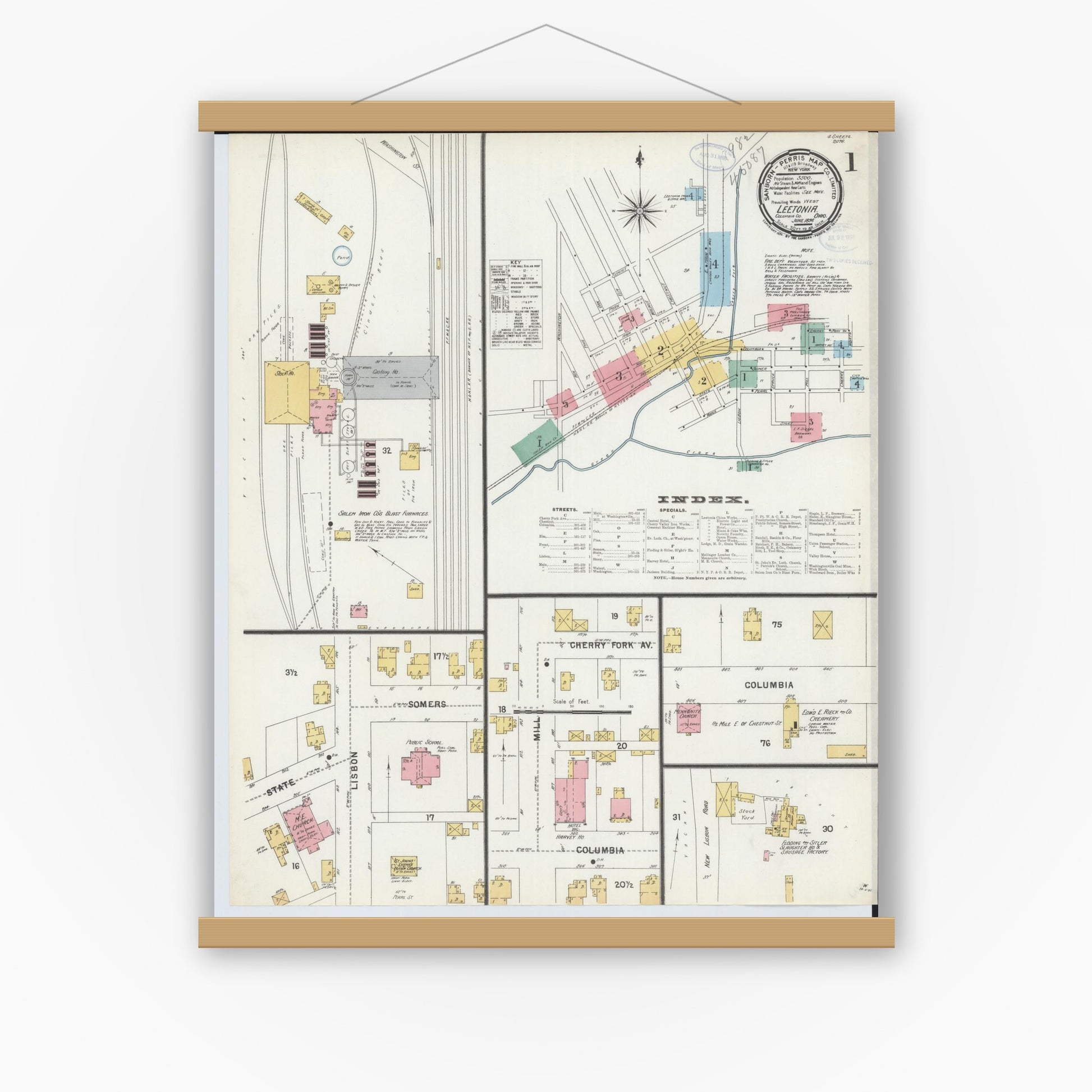 Old map wall art mockup — magnetic wood frame on white wall — Sanborn Fire Insurance Map from Leetonia, Columbiana County, Ohio (1898), Sheet #0001