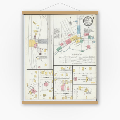 Old map wall art mockup — magnetic wood frame on white wall — Sanborn Fire Insurance Map from Leetonia, Columbiana County, Ohio (1898), Sheet #0001