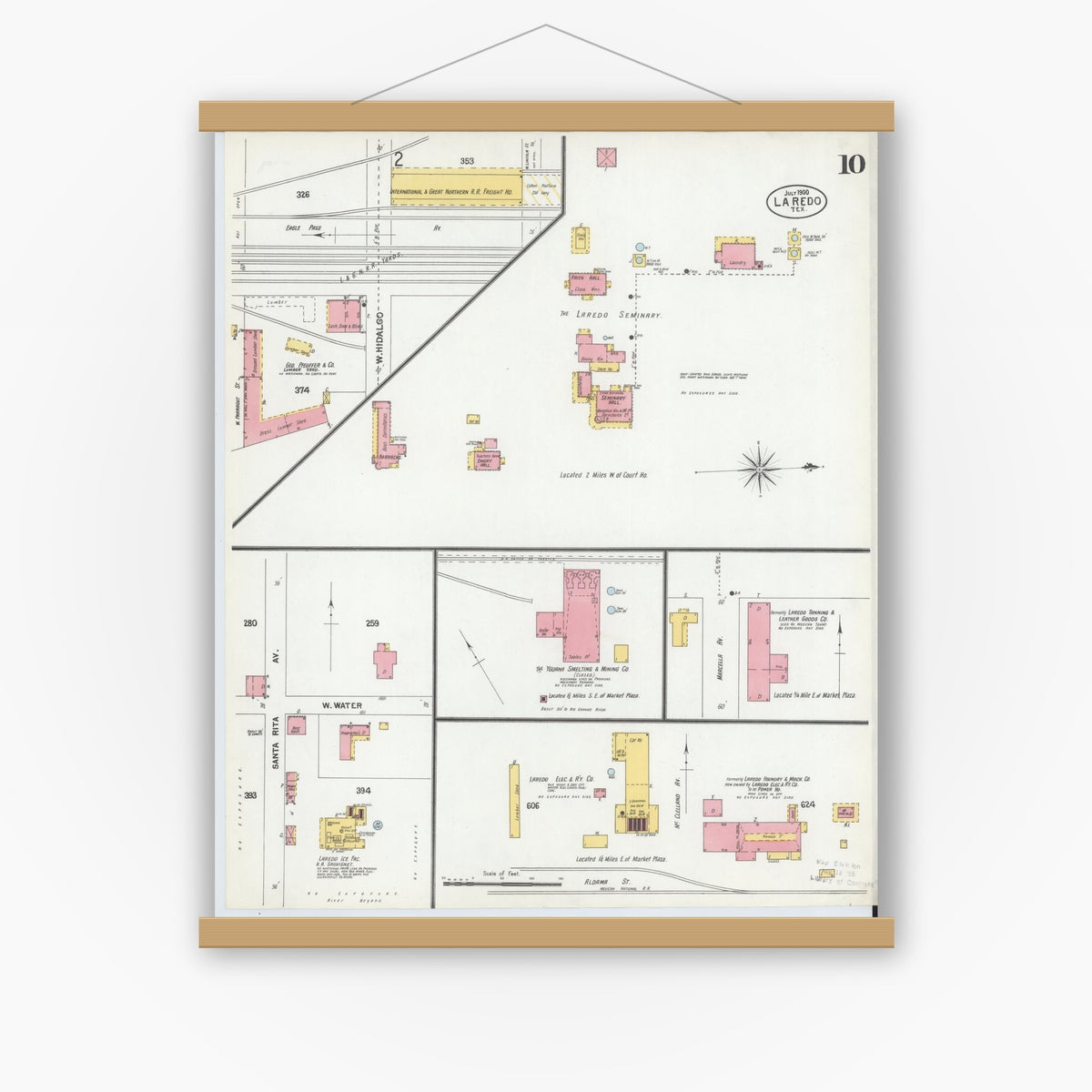 Old map wall art mockup — magnetic wood frame on white wall — Sanborn Fire Insurance Map from Laredo, Webb County, Texas (1900), Sheet #0010