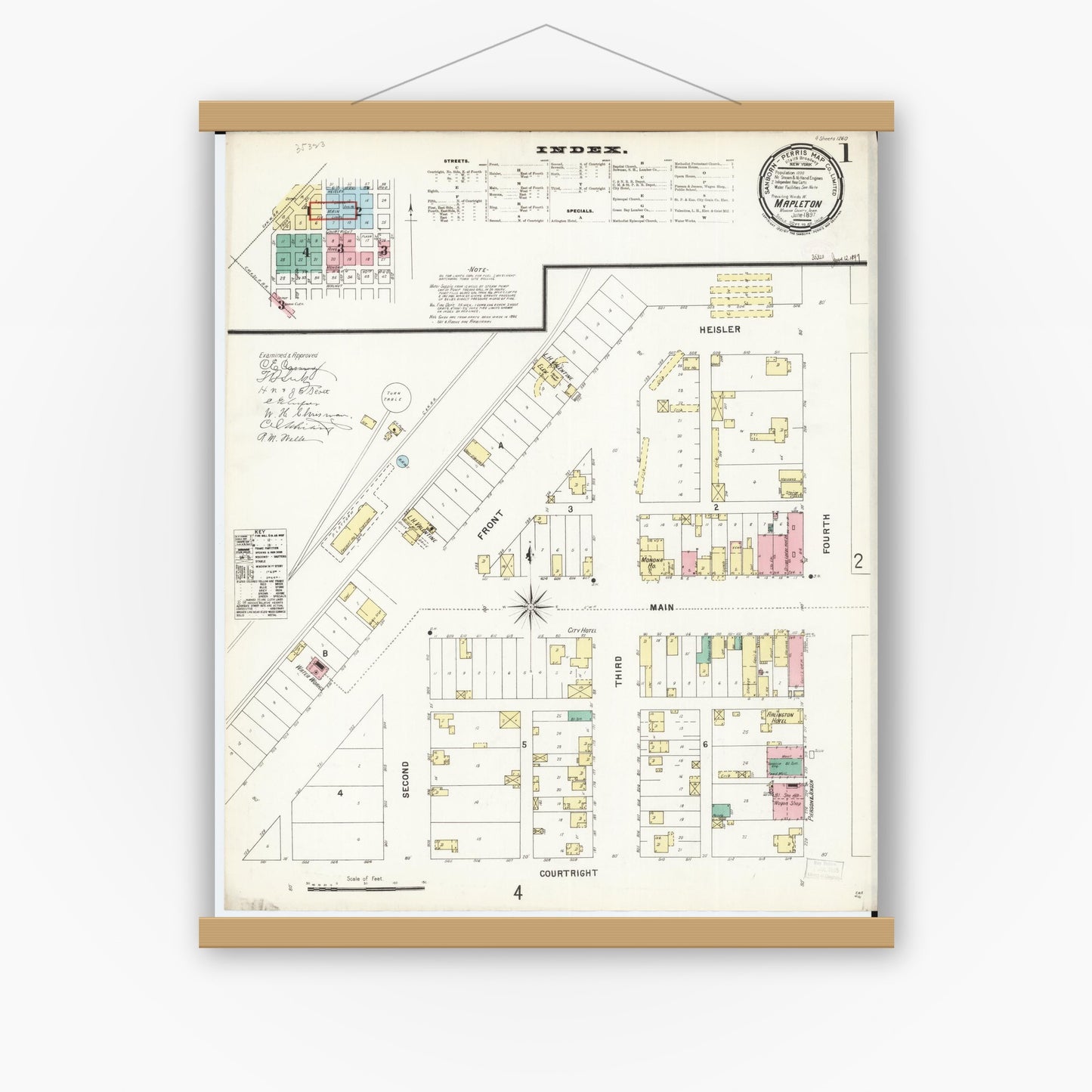 Old map wall art mockup — magnetic wood frame on white wall — Sanborn Fire Insurance Map from Mapleton, Monona County, Iowa (1897), Sheet #0001