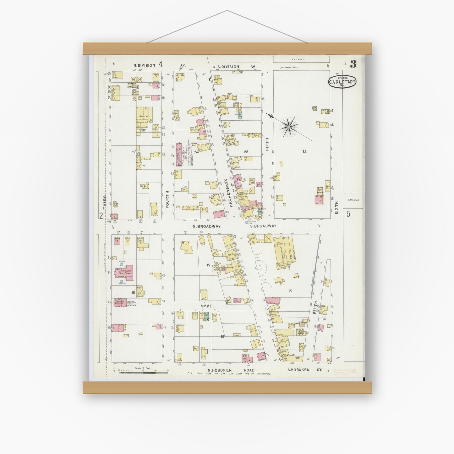 Old map wall art mockup — magnetic wood frame on white wall — Sanborn Fire Insurance Map from Carlstadt, Bergen County, New Jersey (1896), Sheet #0003