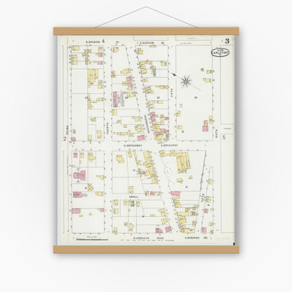 Old map wall art mockup — magnetic wood frame on white wall — Sanborn Fire Insurance Map from Carlstadt, Bergen County, New Jersey (1896), Sheet #0003