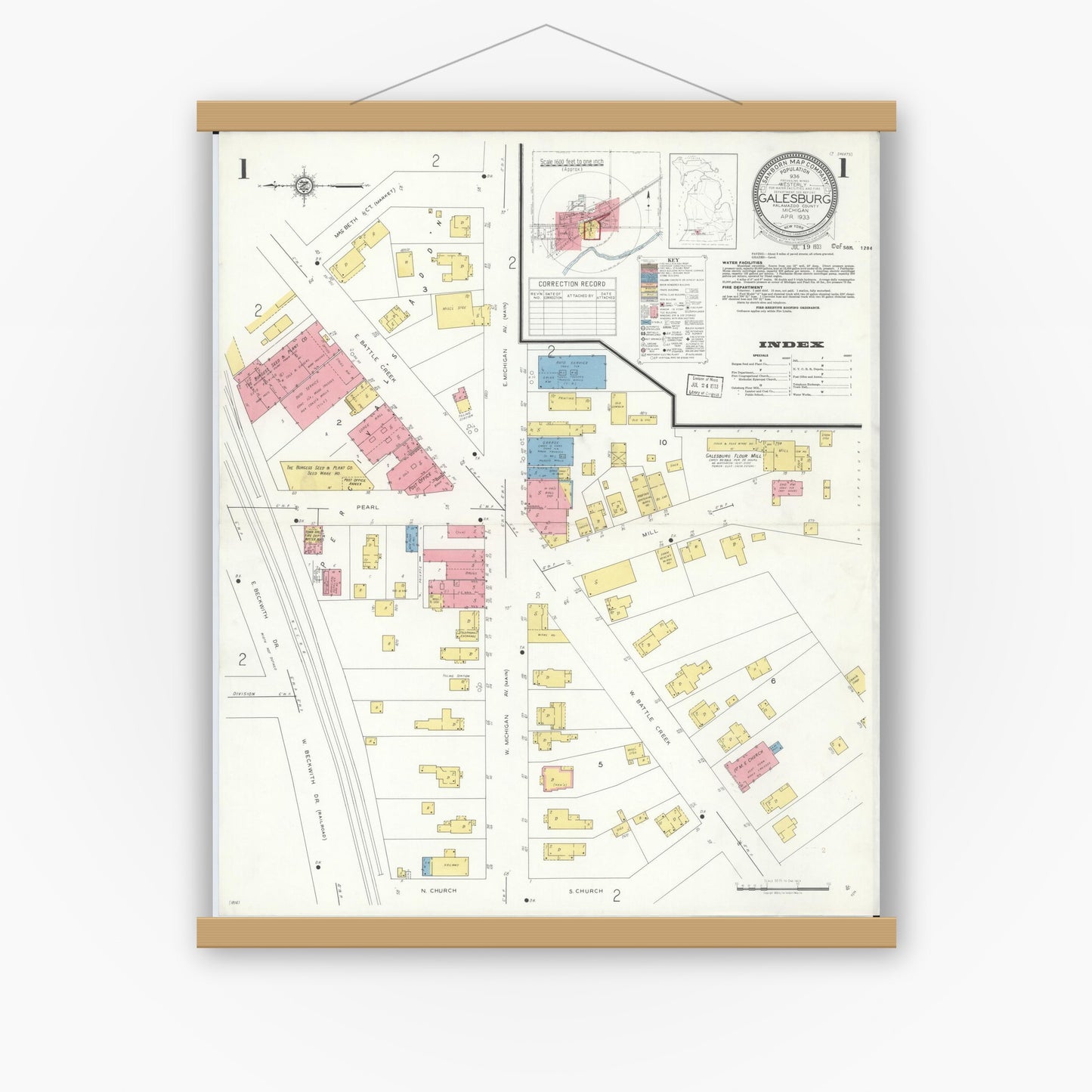 Old map wall art mockup — magnetic wood frame on white wall — Sanborn Fire Insurance Map from Galesburg, Kalamazoo County, Michigan (1933) - Complete Map Set