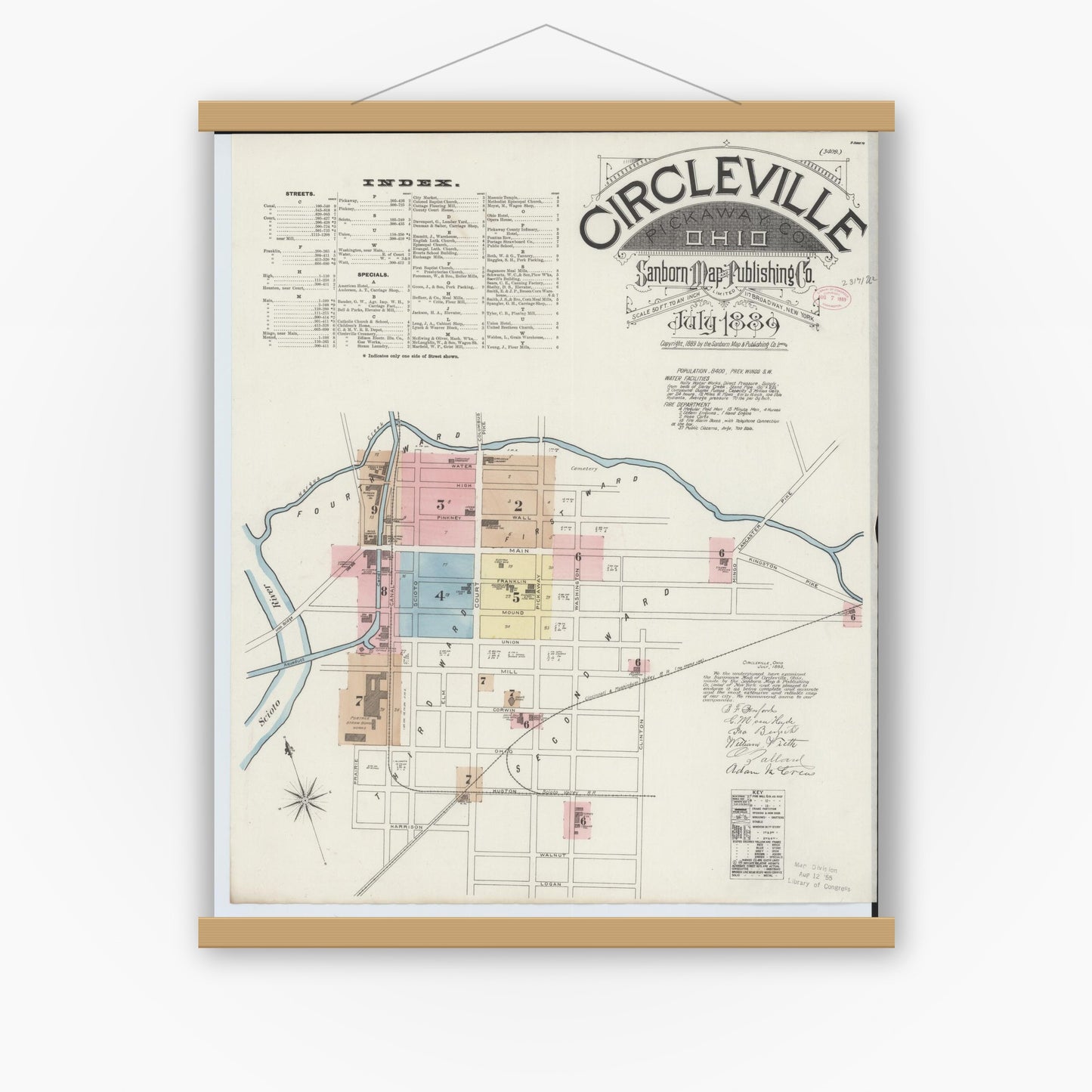 Old map wall art mockup — magnetic wood frame on white wall — Sanborn Fire Insurance Map from Circleville, Pickaway County, Ohio (1889) - Complete Map Set