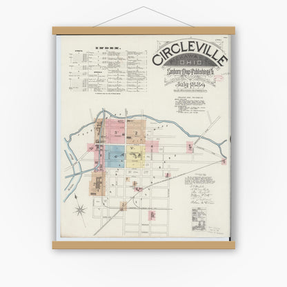 Old map wall art mockup — magnetic wood frame on white wall — Sanborn Fire Insurance Map from Circleville, Pickaway County, Ohio (1889) - Complete Map Set