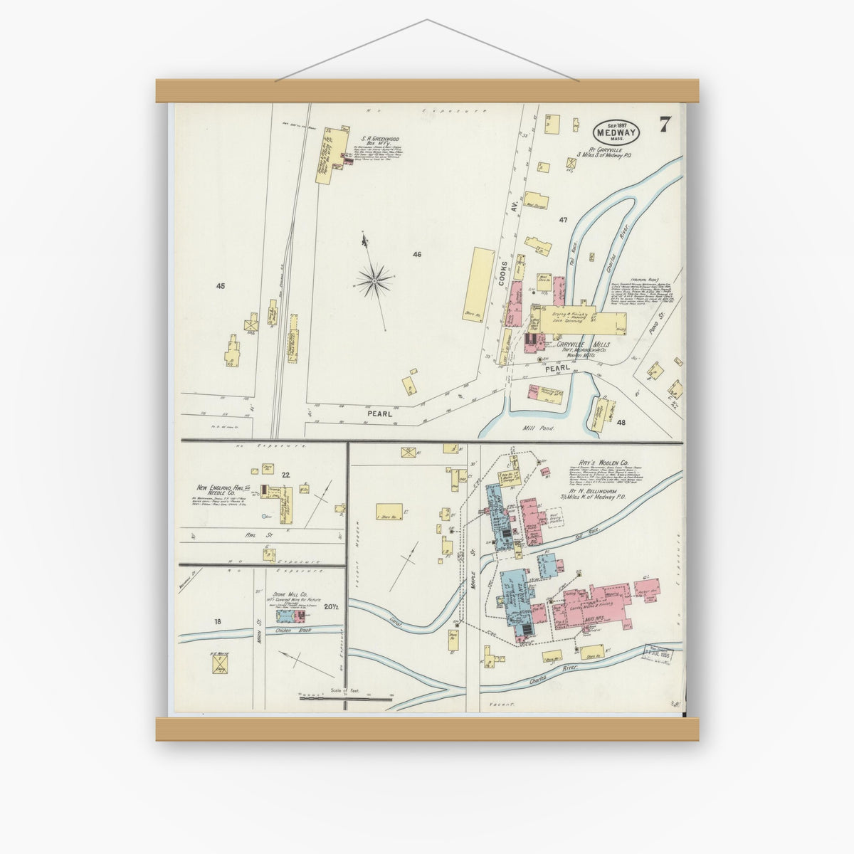 Old map wall art mockup — magnetic wood frame on white wall — Sanborn Fire Insurance Map from Medway, Norfolk County, Massachusetts (1897), Sheet #0007