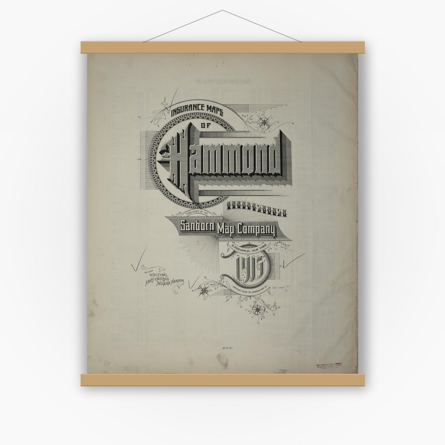 Old map wall art mockup — magnetic wood frame on white wall — Sanborn Fire Insurance Map from Hammond, Lake County, Indiana (1915), Sheet #0001