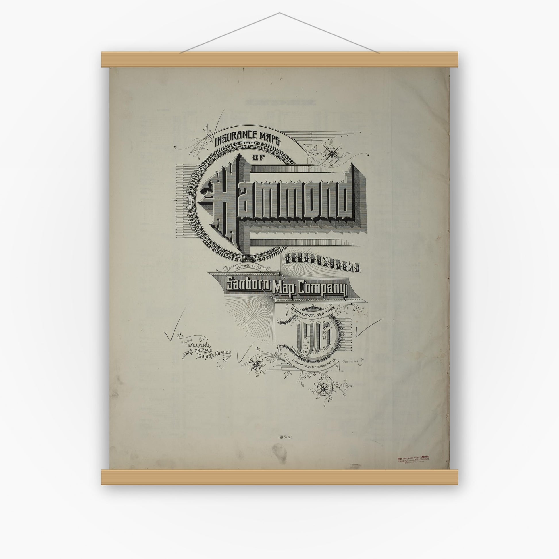 Old map wall art mockup — magnetic wood frame on white wall — Sanborn Fire Insurance Map from Hammond, Lake County, Indiana (1915), Sheet #0001