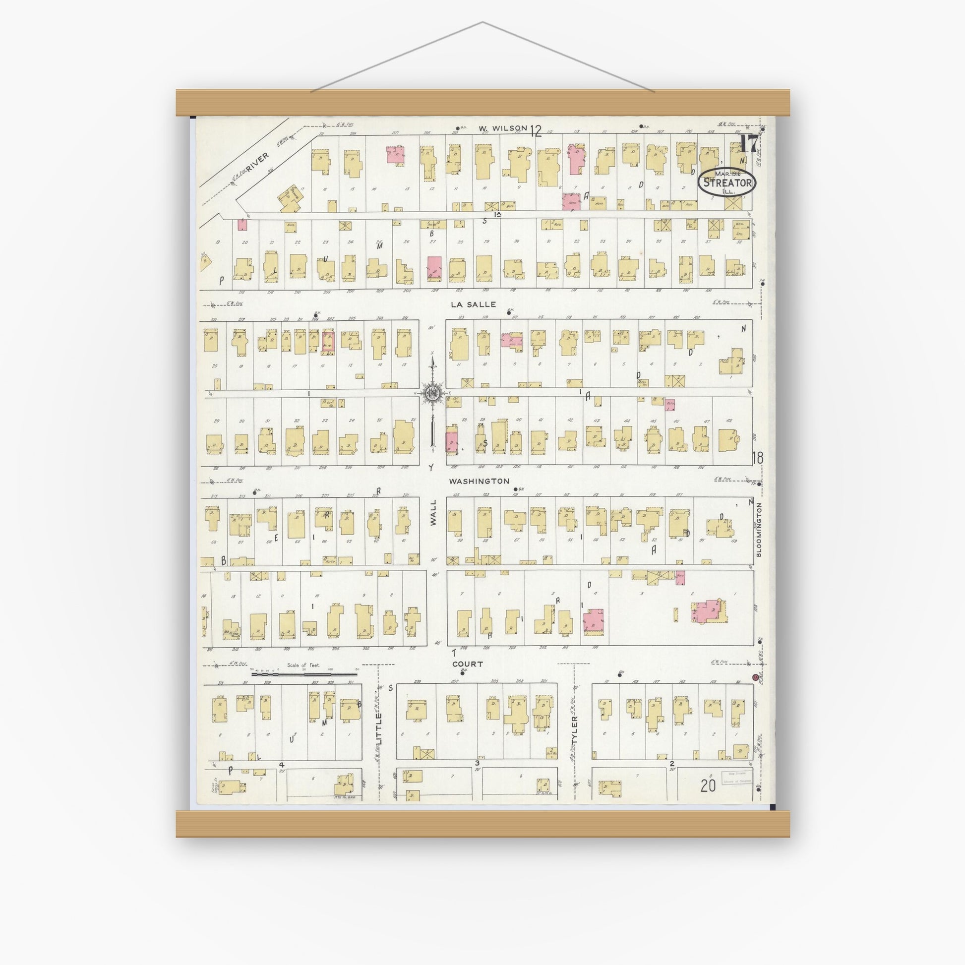 Old map wall art mockup — magnetic wood frame on white wall — Sanborn Fire Insurance Map from Streator, La Salle County, Illinois (1916), Sheet #0017