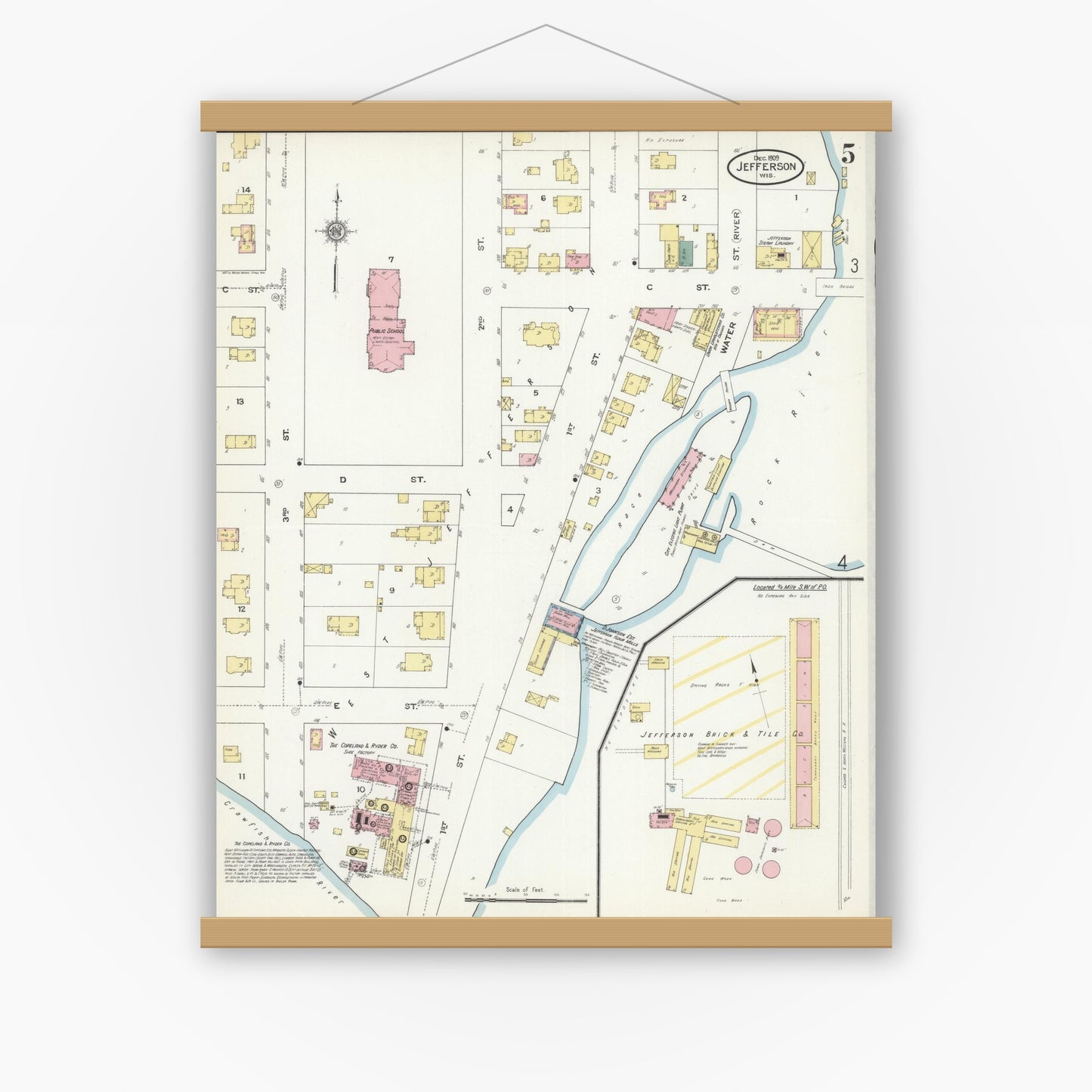 Old map wall art mockup — magnetic wood frame on white wall — Sanborn Fire Insurance Map from Jefferson, Jefferson County, Wisconsin (1909), Sheet #0005