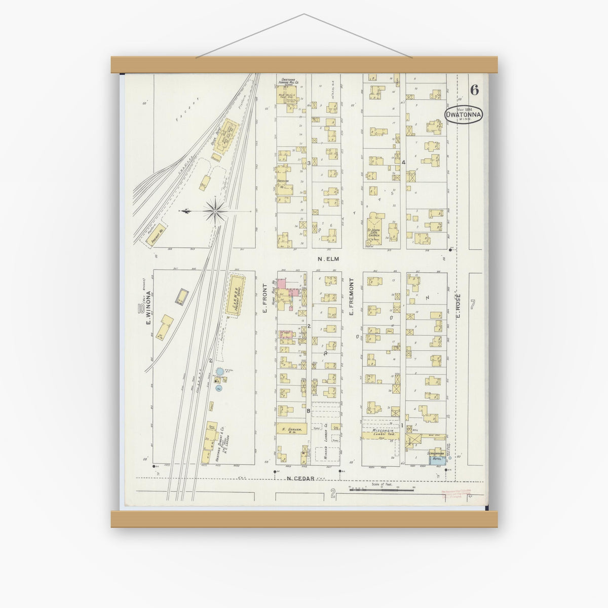 Old map wall art mockup — magnetic wood frame on white wall — Sanborn Fire Insurance Map from Owatonna, Steele County, Minnesota (1894), Sheet #0006