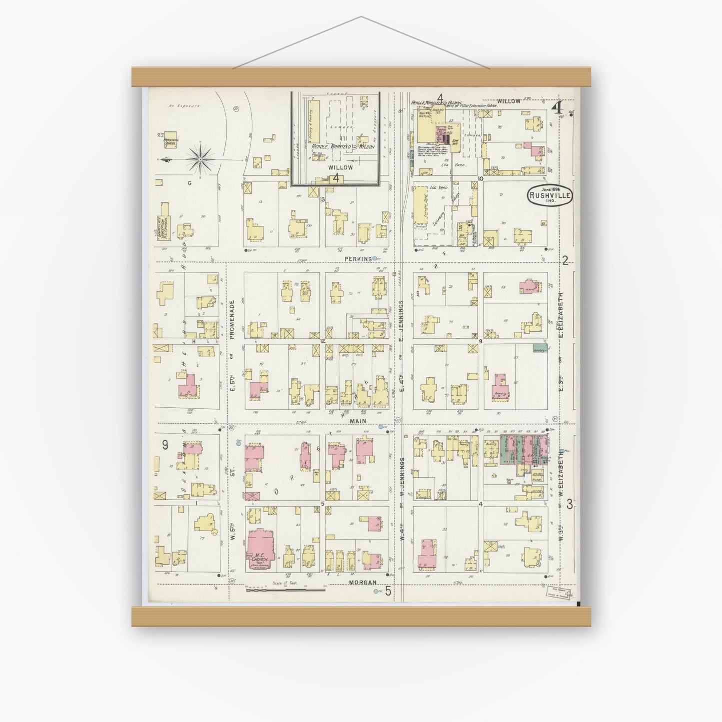 Old map wall art mockup — magnetic wood frame on white wall — Sanborn Fire Insurance Map from Rushville, Rush County, Indiana (1896), Sheet #0004