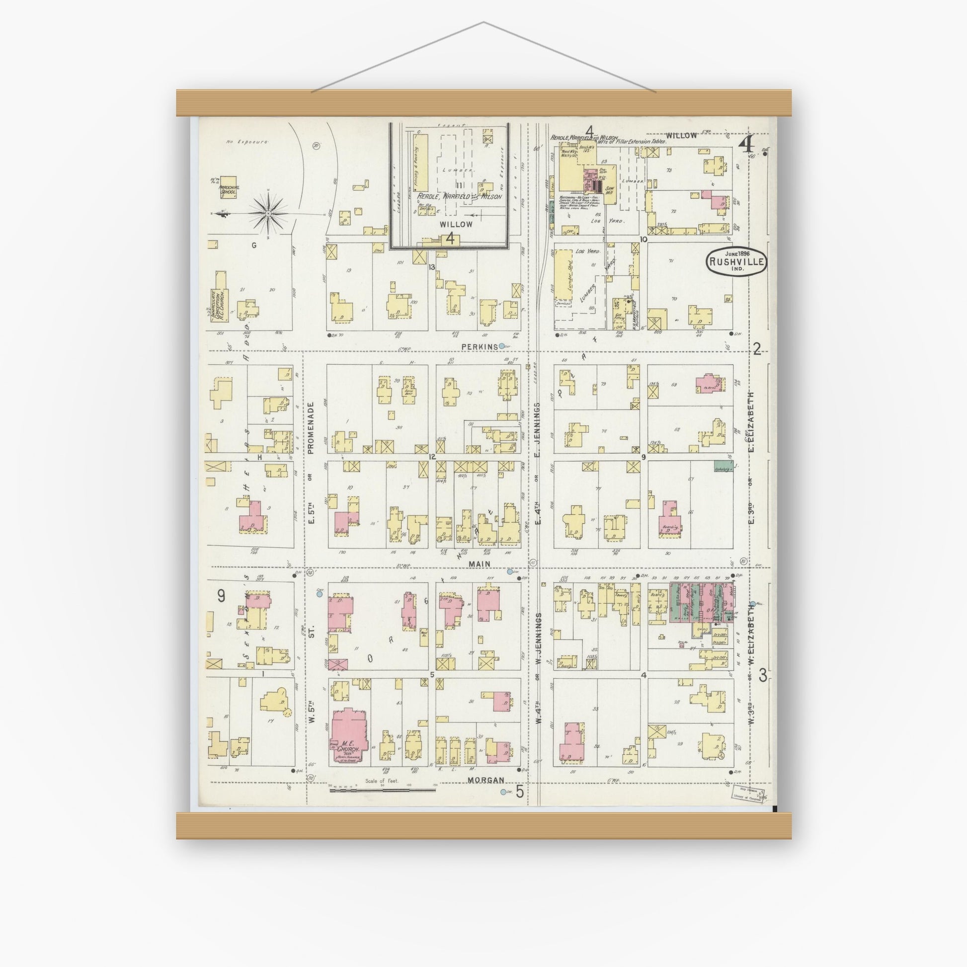 Old map wall art mockup — magnetic wood frame on white wall — Sanborn Fire Insurance Map from Rushville, Rush County, Indiana (1896), Sheet #0004