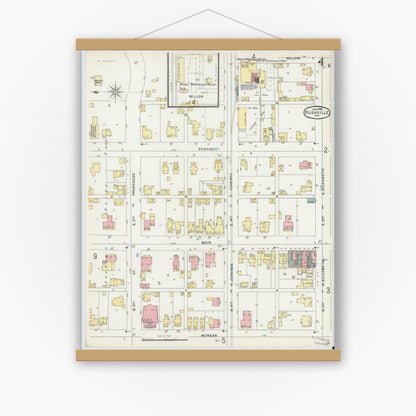 Old map wall art mockup — magnetic wood frame on white wall — Sanborn Fire Insurance Map from Rushville, Rush County, Indiana (1896), Sheet #0004