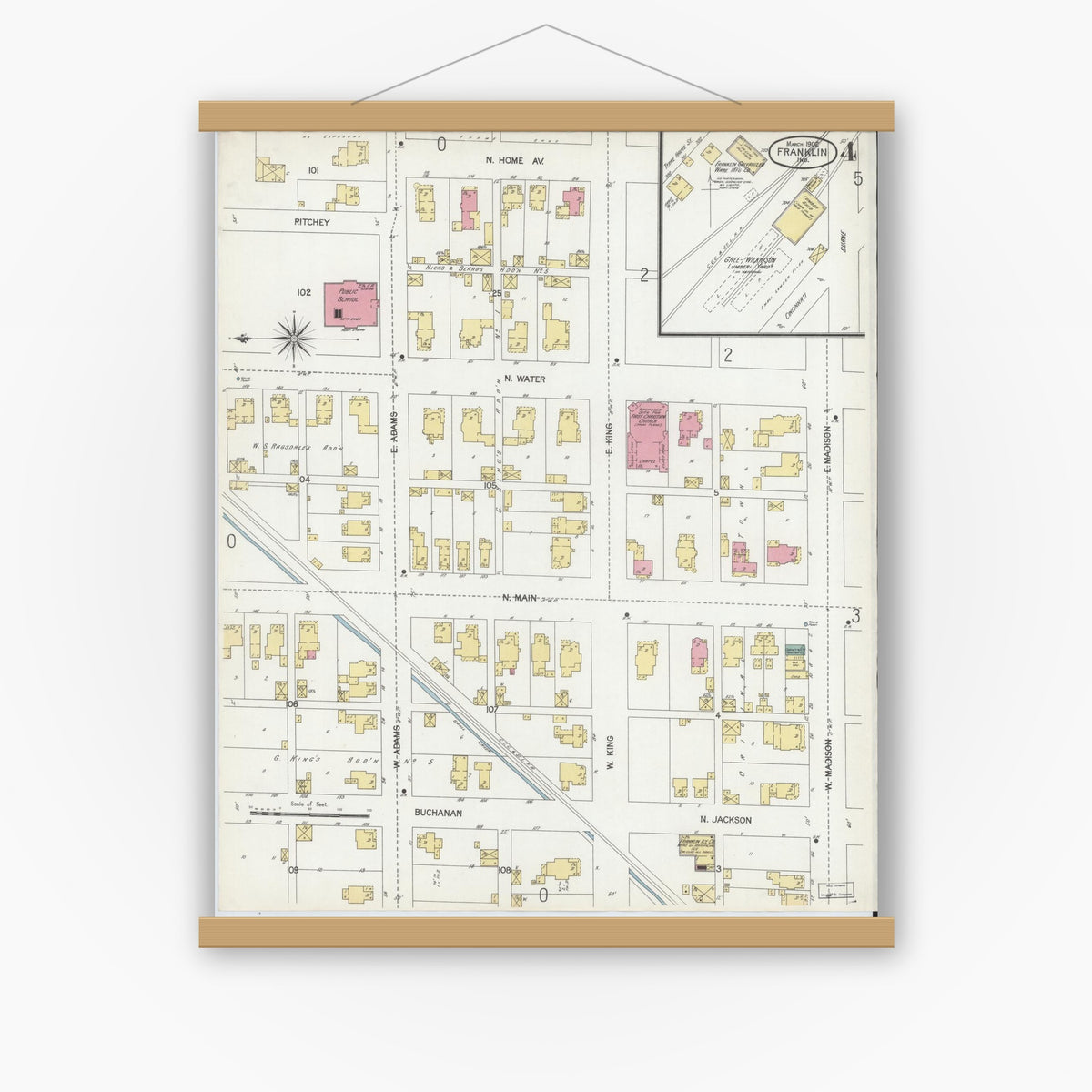 Old map wall art mockup — magnetic wood frame on white wall — Sanborn Fire Insurance Map from Franklin, Johnson County, Indiana (1902), Sheet #0004