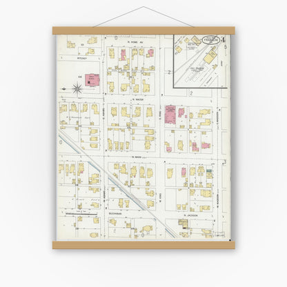 Old map wall art mockup — magnetic wood frame on white wall — Sanborn Fire Insurance Map from Franklin, Johnson County, Indiana (1902), Sheet #0004