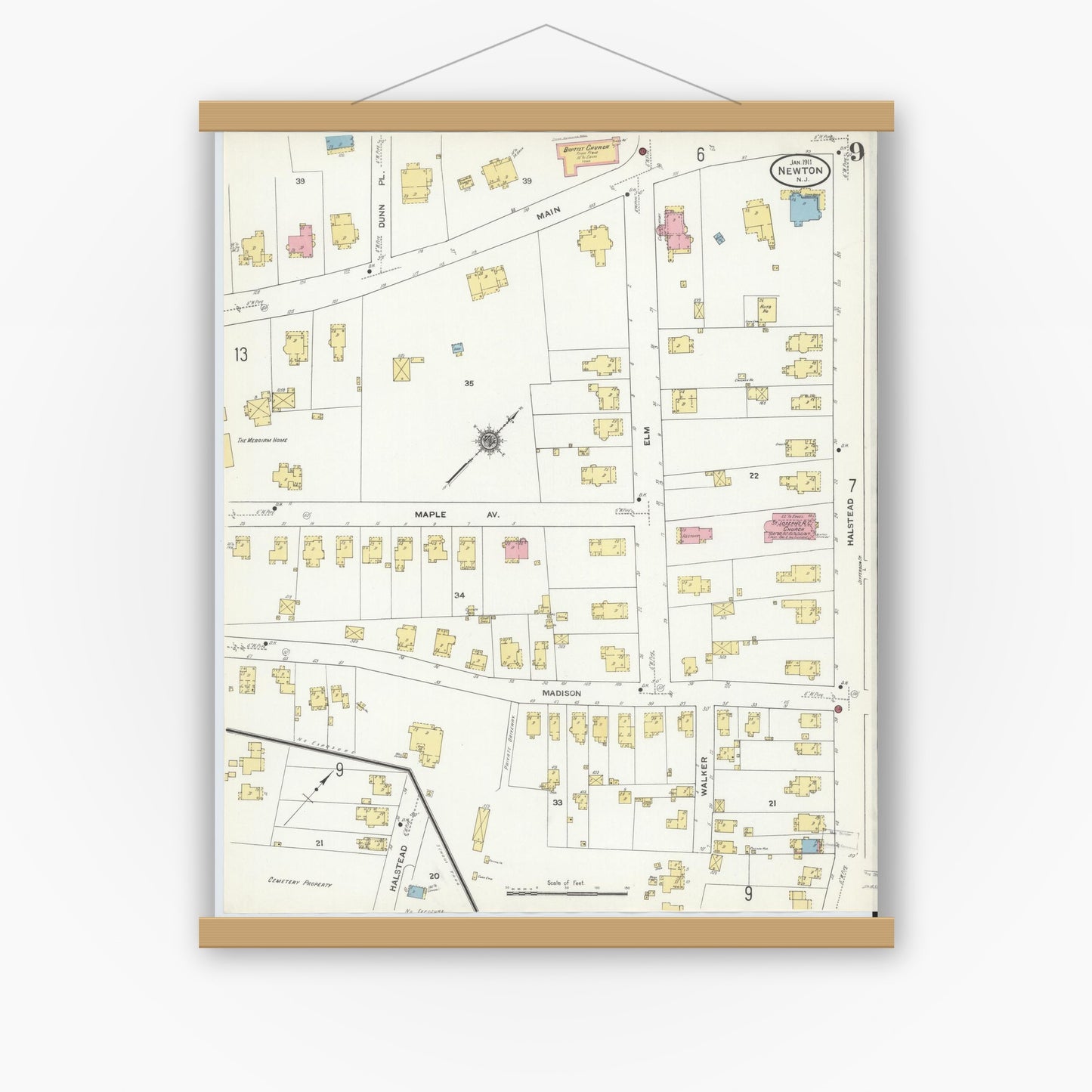 Old map wall art mockup — magnetic wood frame on white wall — Sanborn Fire Insurance Map from Newton, Sussex County, New Jersey (1911), Sheet #0009
