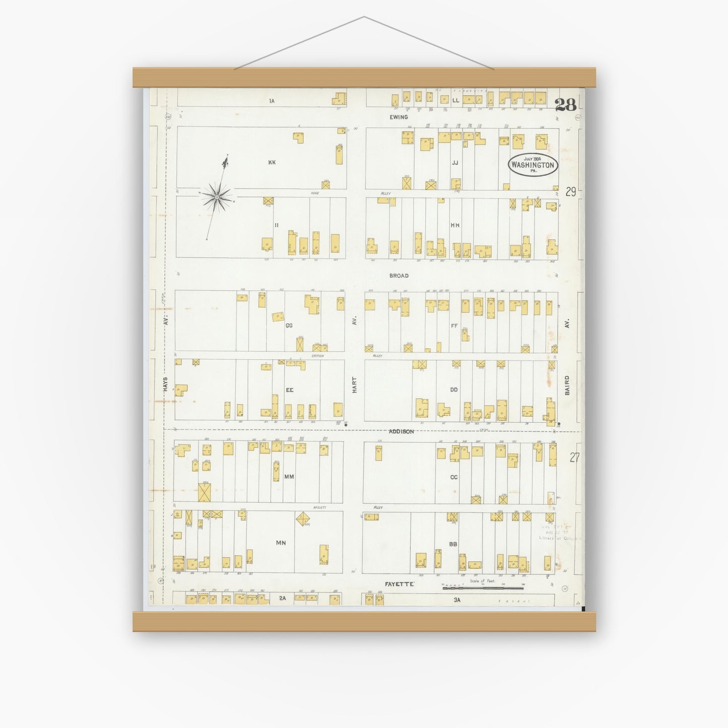 Old map wall art mockup — magnetic wood frame on white wall — Sanborn Fire Insurance Map from Washington, Washington County, Pennsylvania (1904), Sheet #0028