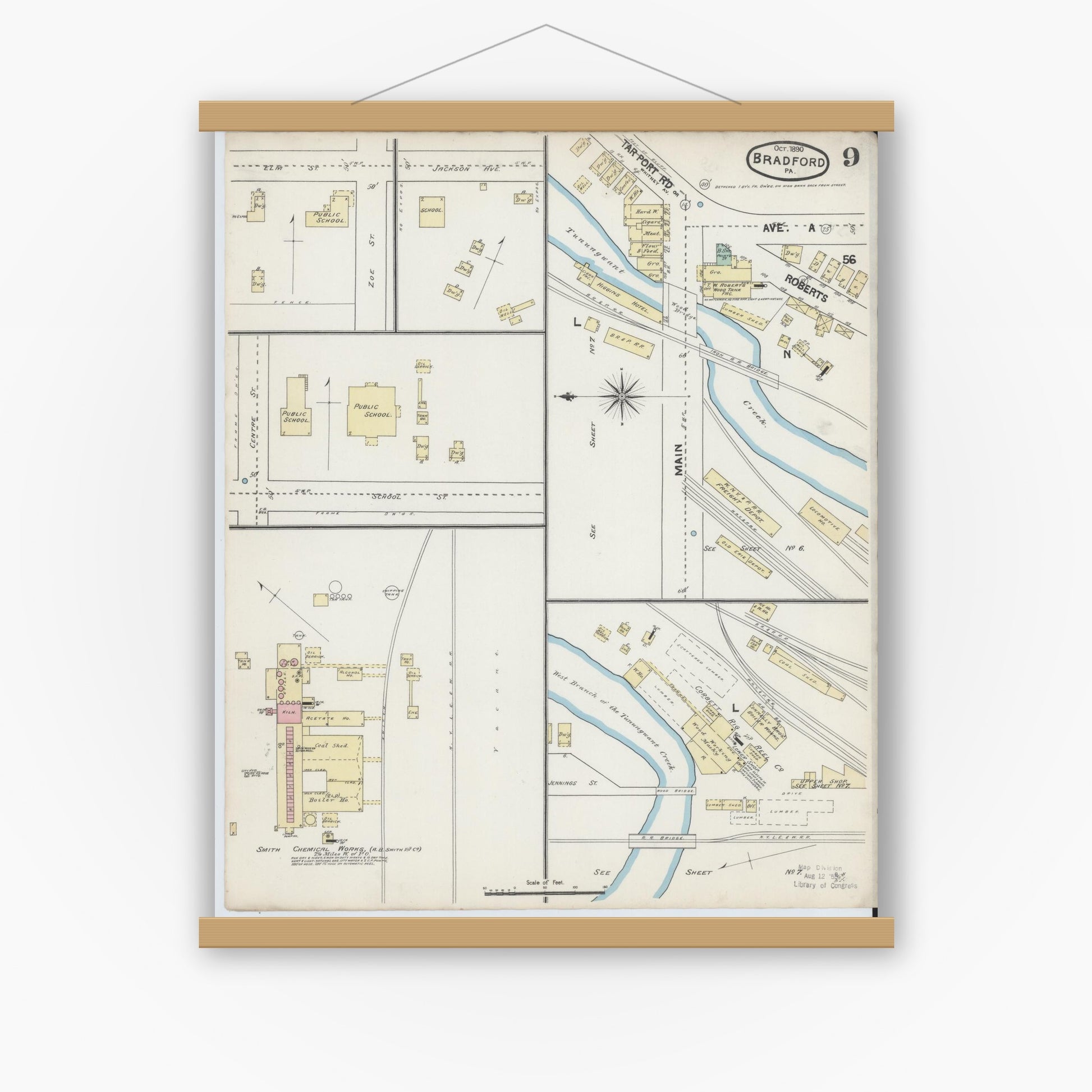 Old map wall art mockup — magnetic wood frame on white wall — Sanborn Fire Insurance Map from Bradford, McKean County, Pennsylvania (1890), Sheet #0009