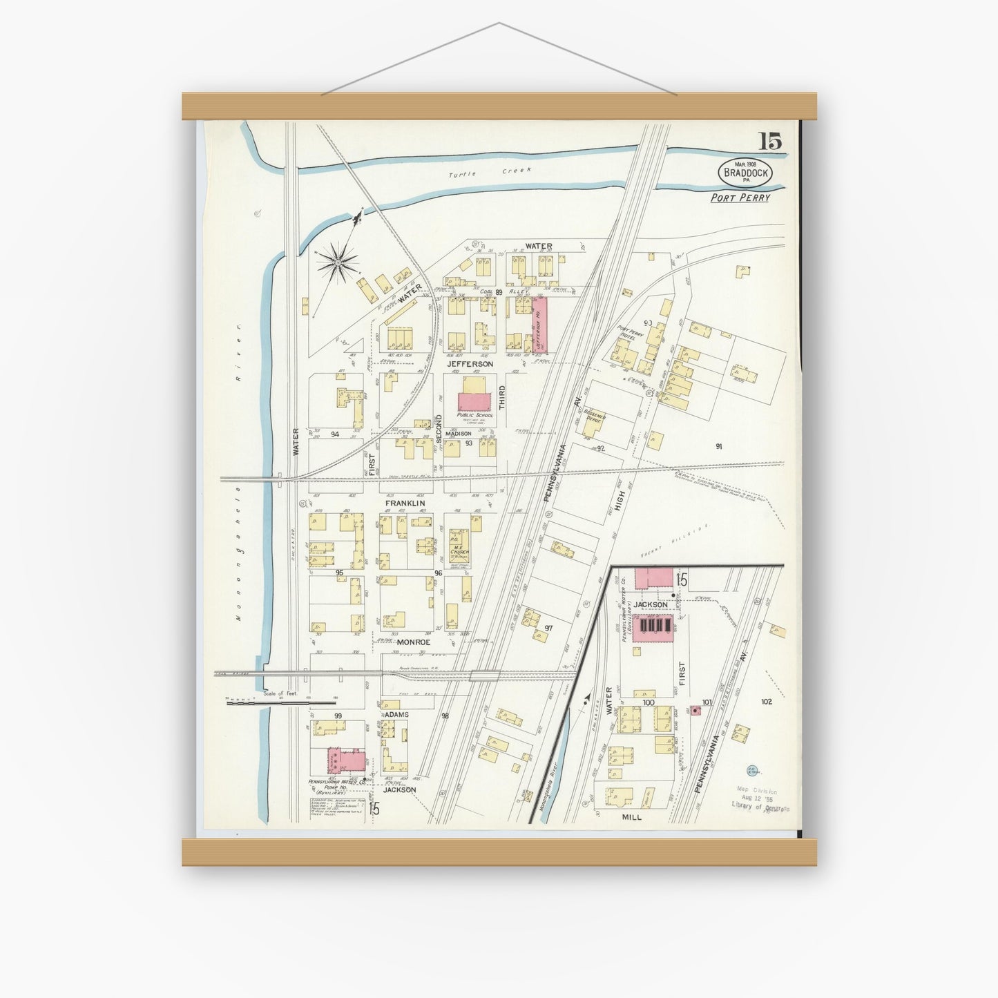 Old map wall art mockup — magnetic wood frame on white wall — Sanborn Fire Insurance Map from Braddock, Allegheny County, Pennsylvania (1908), Sheet #0015