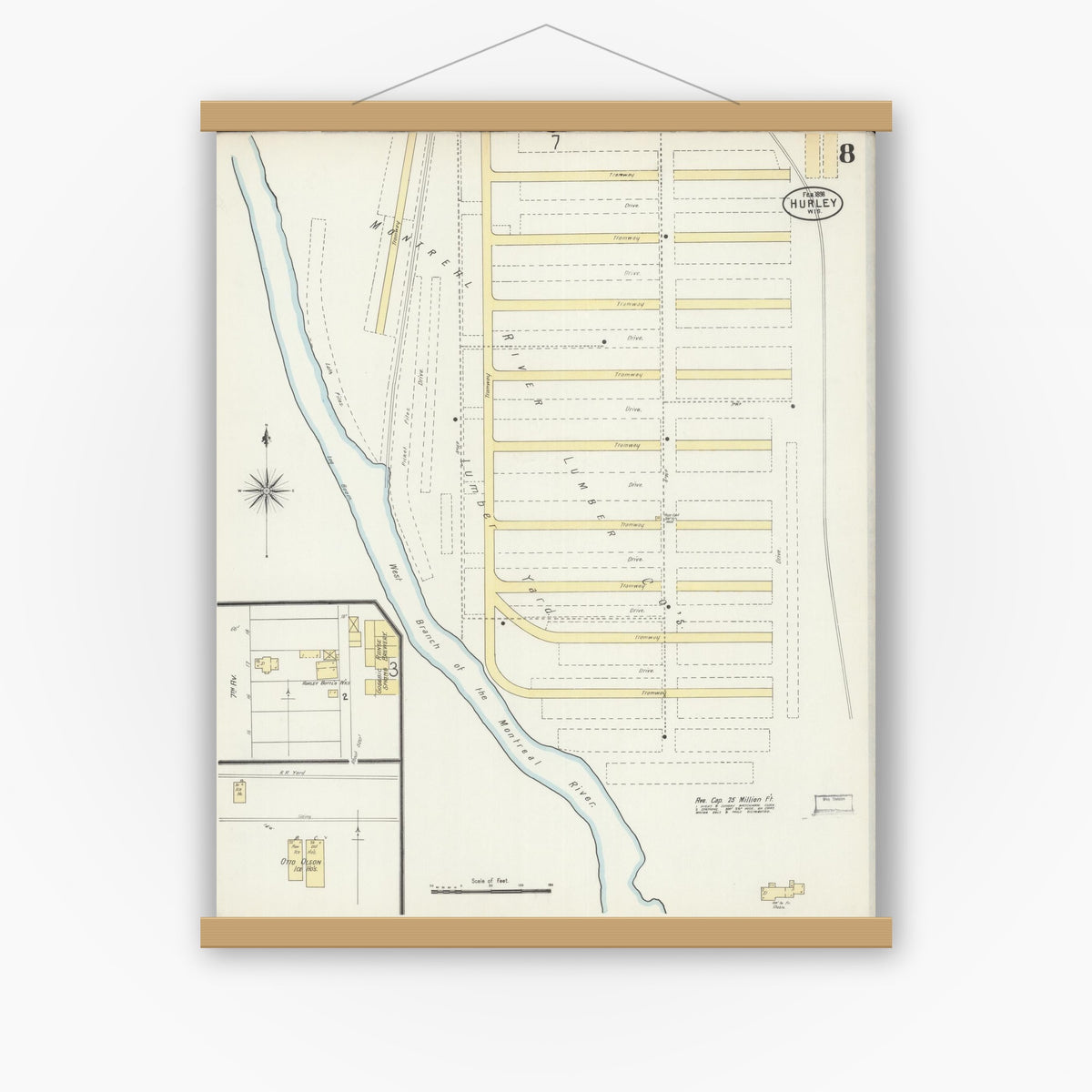 Old map wall art mockup — magnetic wood frame on white wall — Sanborn Fire Insurance Map from Hurley, Iron County, Wisconsin (1898), Sheet #0008