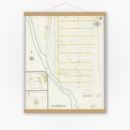 Old map wall art mockup — magnetic wood frame on white wall — Sanborn Fire Insurance Map from Hurley, Iron County, Wisconsin (1898), Sheet #0008