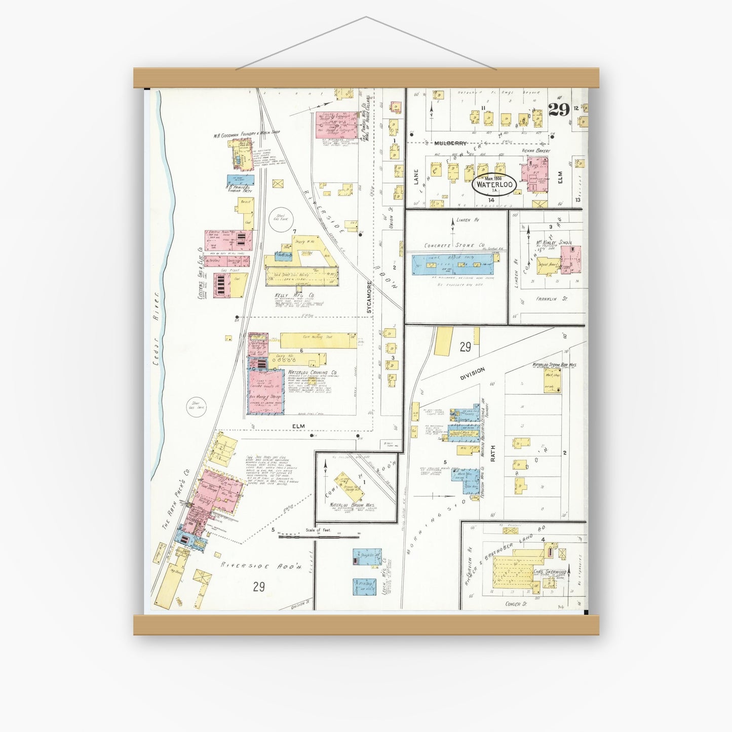 Old map wall art mockup — magnetic wood frame on white wall — Sanborn Fire Insurance Map from Waterloo, Black Hawk County, Iowa (1906), Sheet #0029