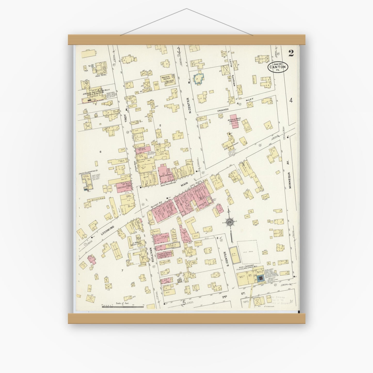 Old map wall art mockup — magnetic wood frame on white wall — Sanborn Fire Insurance Map from Canton, Bradford County, Pennsylvania (1911), Sheet #0002