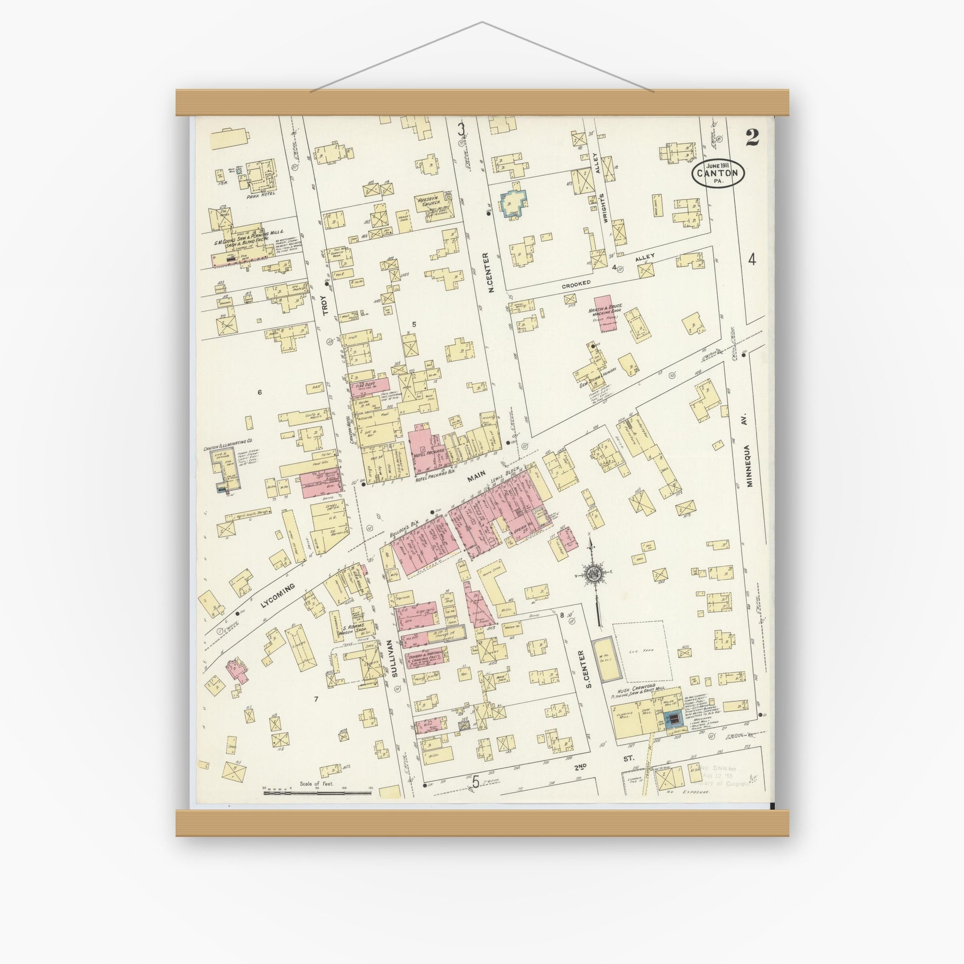 Old map wall art mockup — magnetic wood frame on white wall — Sanborn Fire Insurance Map from Canton, Bradford County, Pennsylvania (1911), Sheet #0002