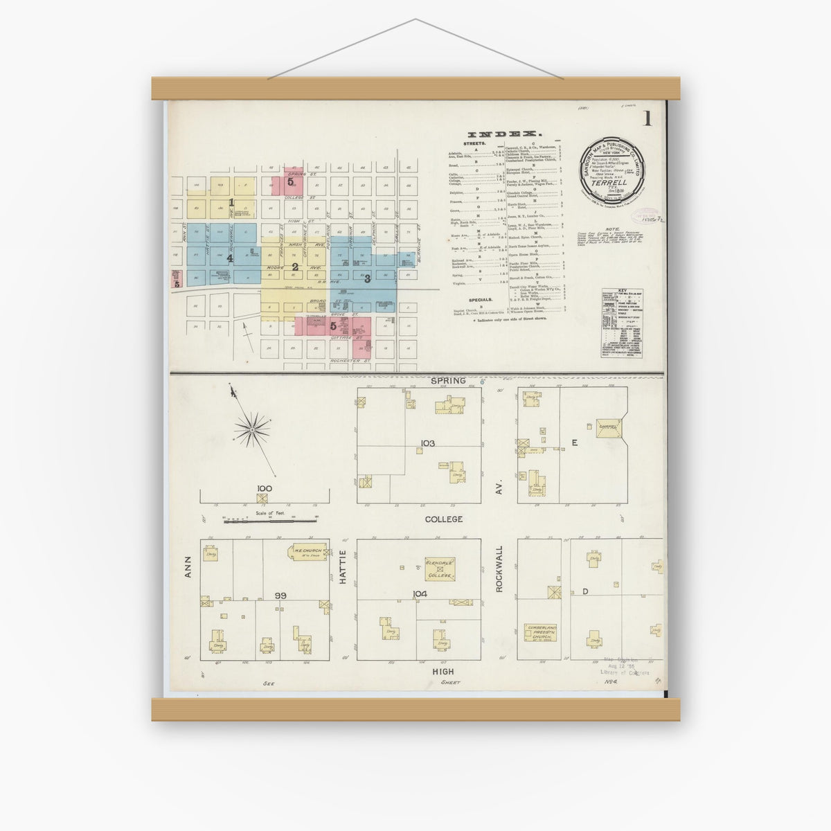 Old map wall art mockup — magnetic wood frame on white wall — Sanborn Fire Insurance Map from Terrell, Kaufman County, Texas (1888), Sheet #0001