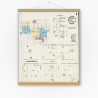 Old map wall art mockup — magnetic wood frame on white wall — Sanborn Fire Insurance Map from Terrell, Kaufman County, Texas (1888), Sheet #0001