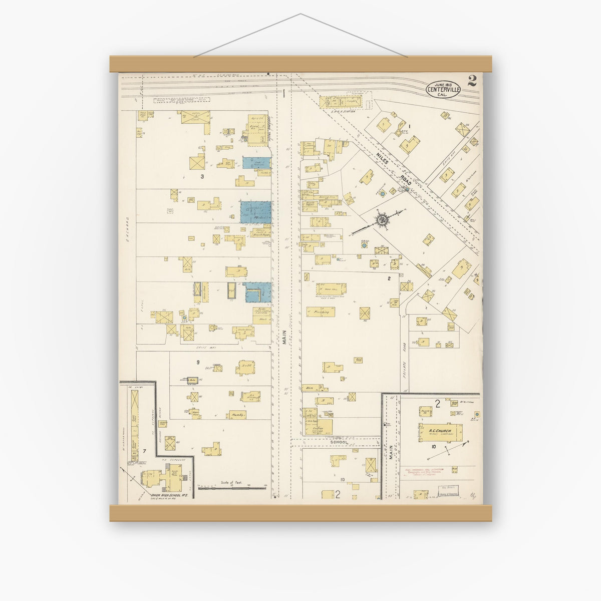 Old map wall art mockup — magnetic wood frame on white wall — Sanborn Fire Insurance Map from Centerville, Alameda County, California (1913), Sheet #0002