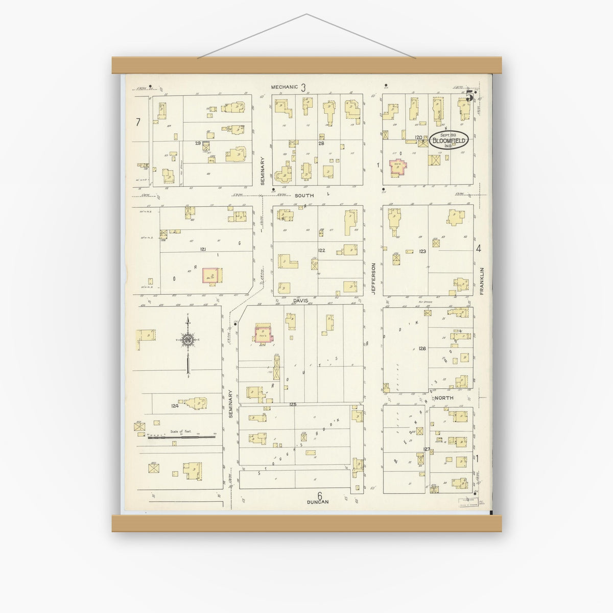 Old map wall art mockup — magnetic wood frame on white wall — Sanborn Fire Insurance Map from Bloomfield, Greene County, Indiana (1913), Sheet #0005