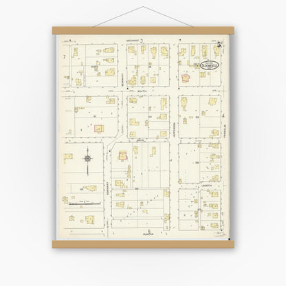 Old map wall art mockup — magnetic wood frame on white wall — Sanborn Fire Insurance Map from Bloomfield, Greene County, Indiana (1913), Sheet #0005