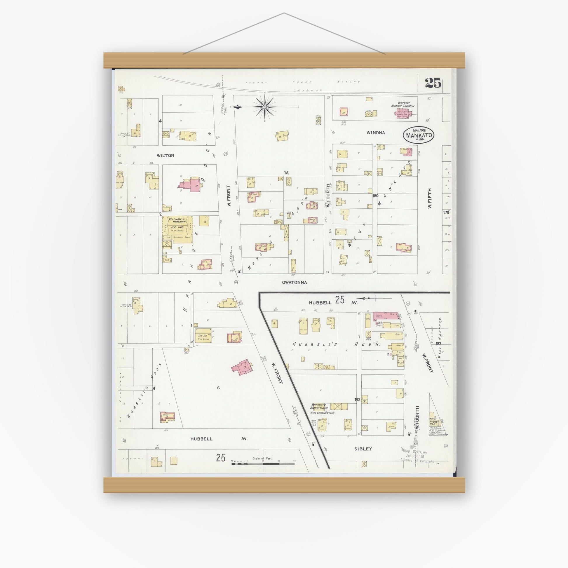 Old map wall art mockup — magnetic wood frame on white wall — Sanborn Fire Insurance Map from Mankato, Blue Earth County, Minnesota (1908), Sheet #0025