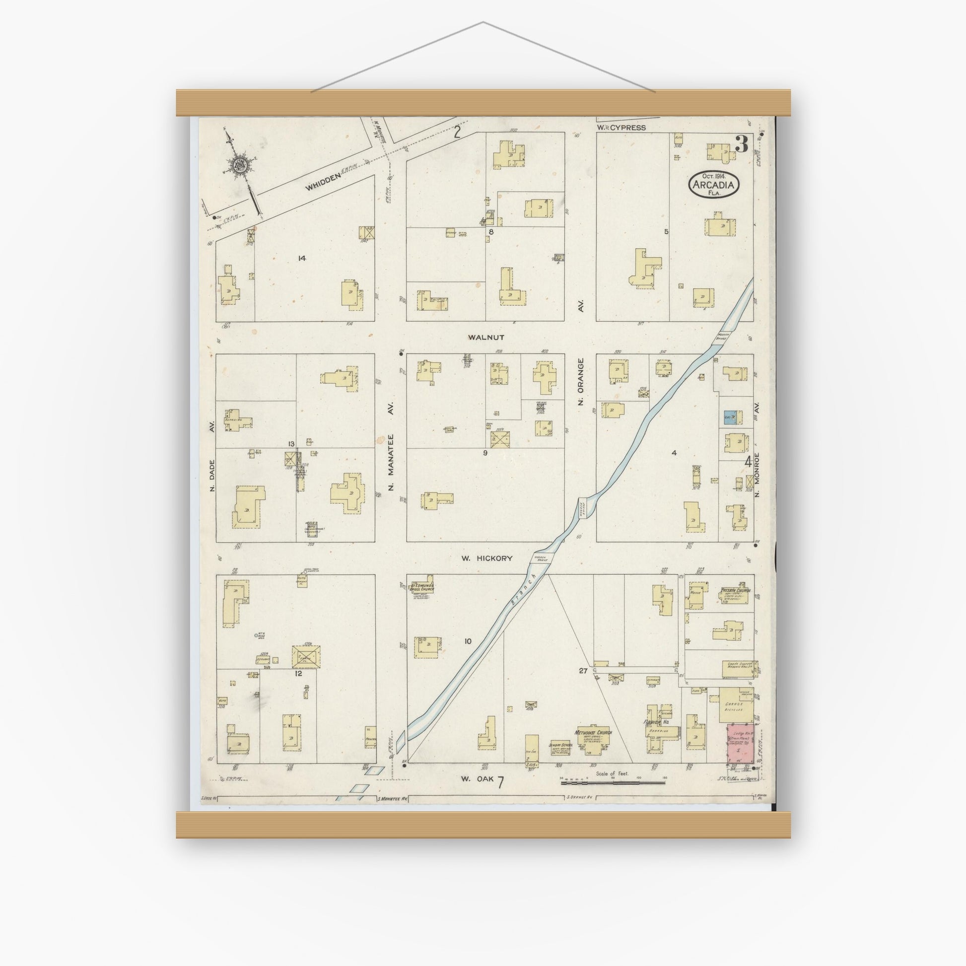 Old map wall art mockup — magnetic wood frame on white wall — Sanborn Fire Insurance Map from Arcadia, DeSoto County, Florida (1914), Sheet #0003
