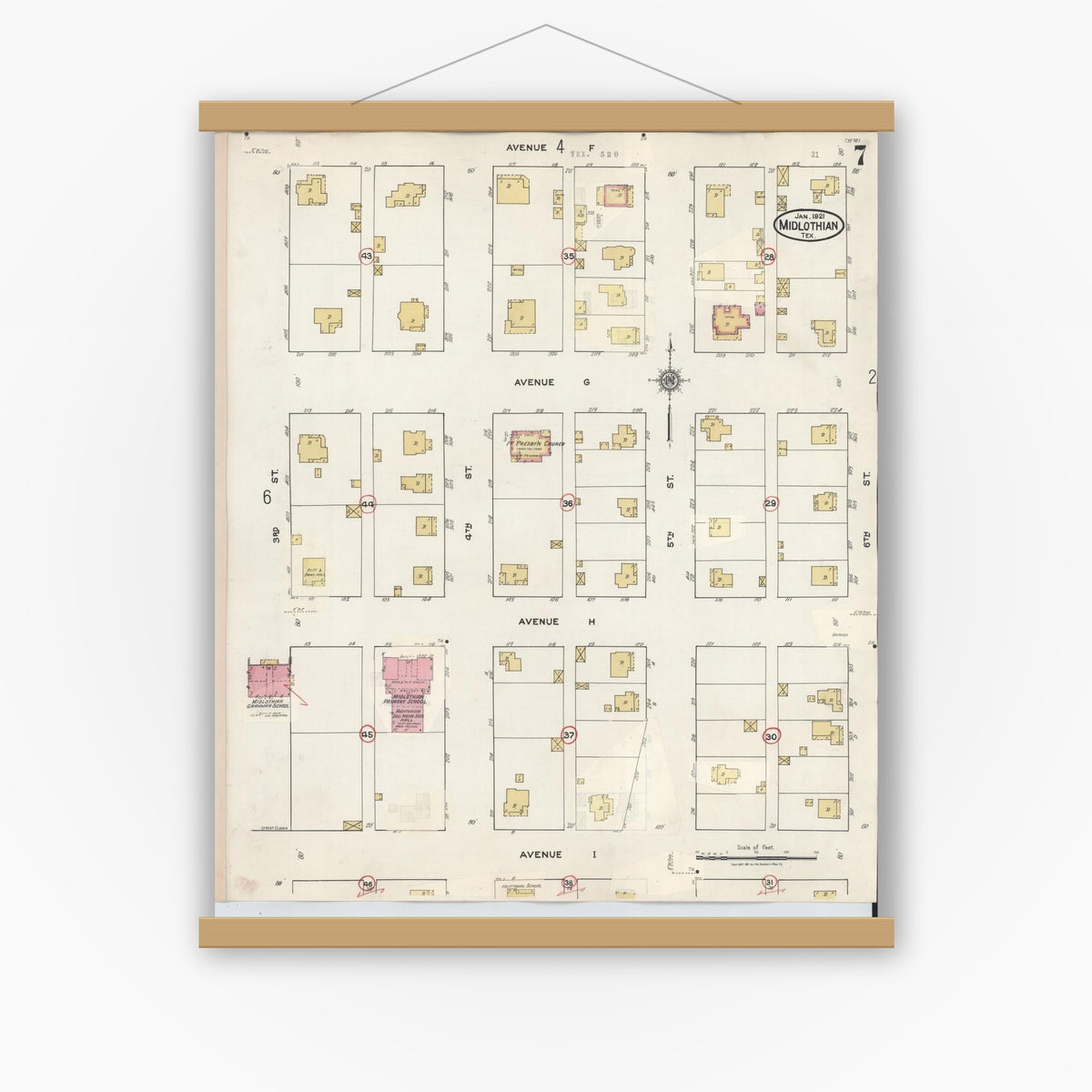 Old map wall art mockup — magnetic wood frame on white wall — Sanborn Fire Insurance Map from Midlothian, Ellis County, Texas (1944), Sheet #0007