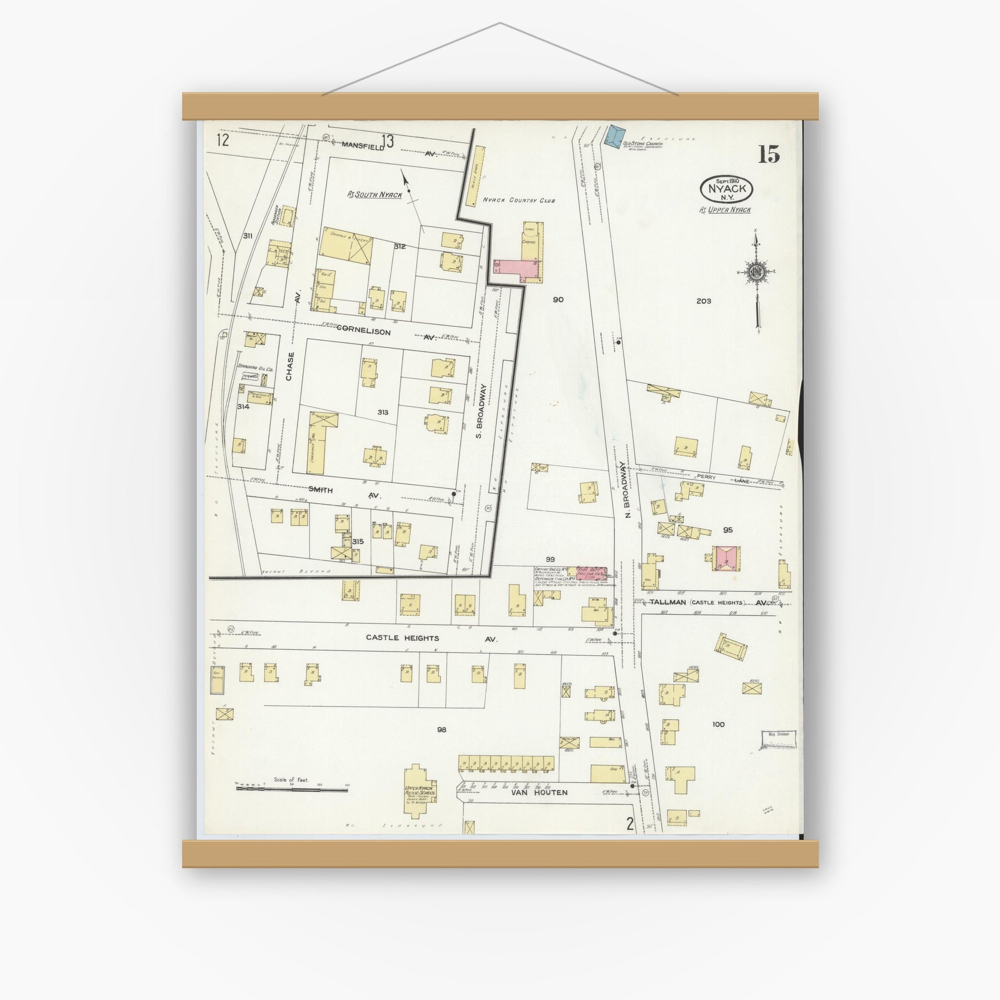 Old map wall art mockup — magnetic wood frame on white wall — Sanborn Fire Insurance Map from Nyack, Rockland County, New York. (1910), Sheet #0015