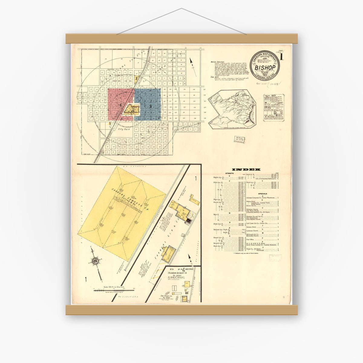 Old map wall art mockup — magnetic wood frame on white wall — Sanborn Fire Insurance Map from Bishop, Nueces County, Texas (1922), Sheet #0001