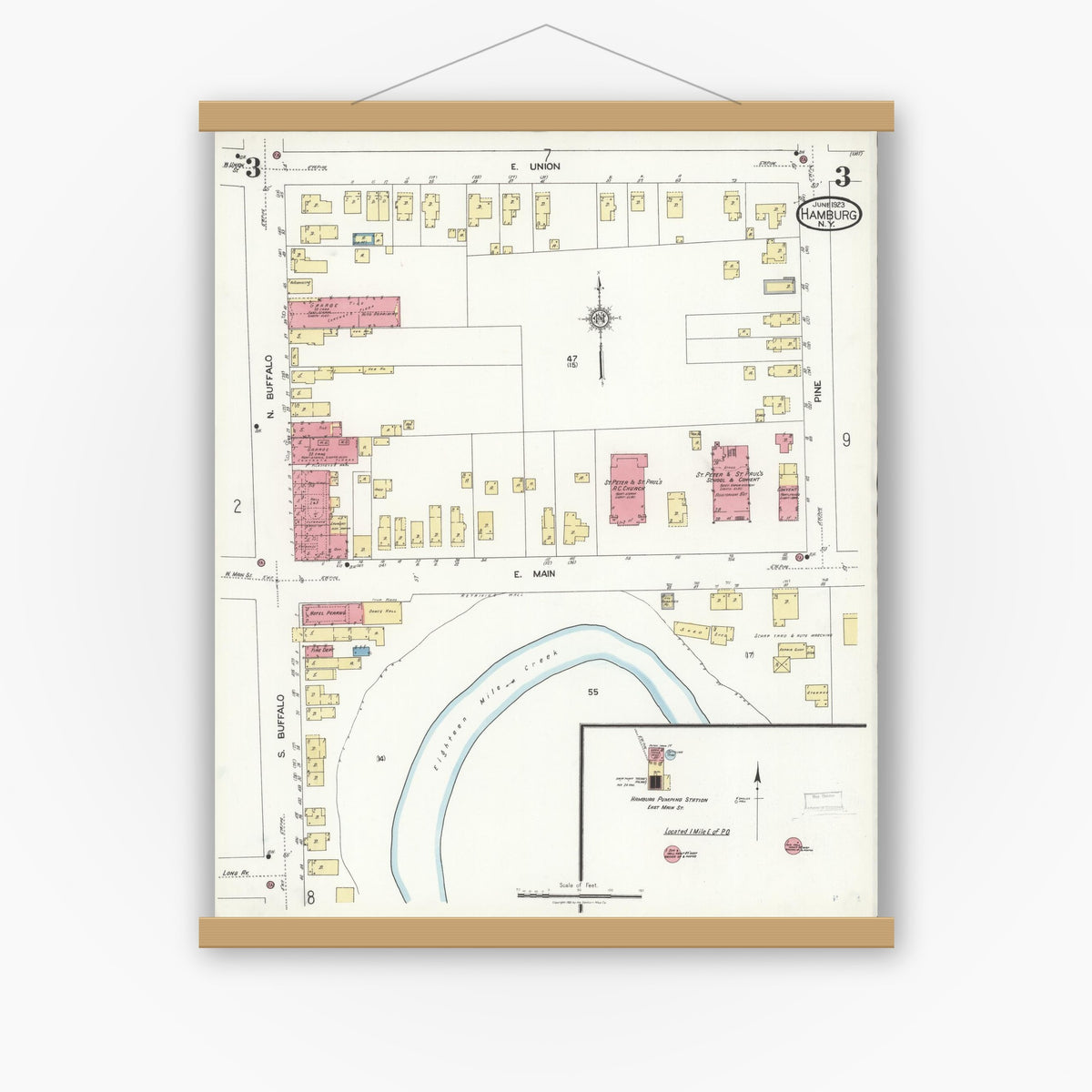 Old map wall art mockup — magnetic wood frame on white wall — Sanborn Fire Insurance Map from Hamburg, Erie County, New York (1923), Sheet #0003