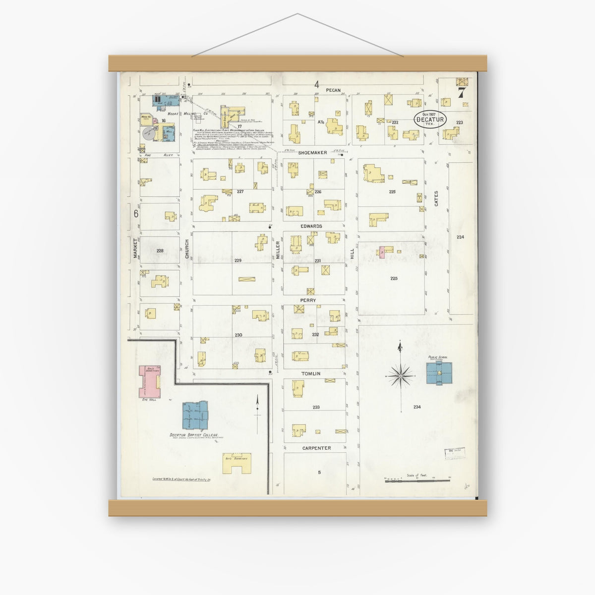 Old map wall art mockup — magnetic wood frame on white wall — Sanborn Fire Insurance Map from Decatur, Wise County, Texas (1907), Sheet #0007